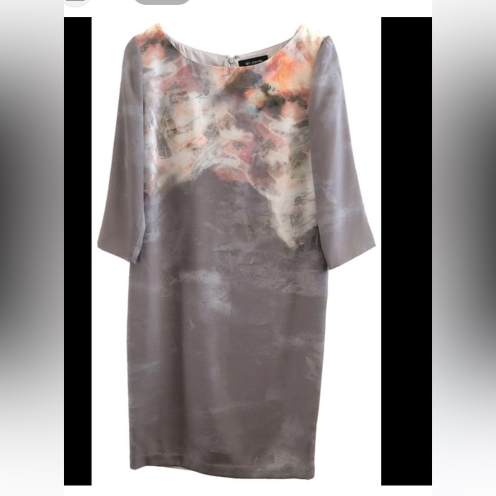 St. John 4 watercolor gray and pastel floral silk dress